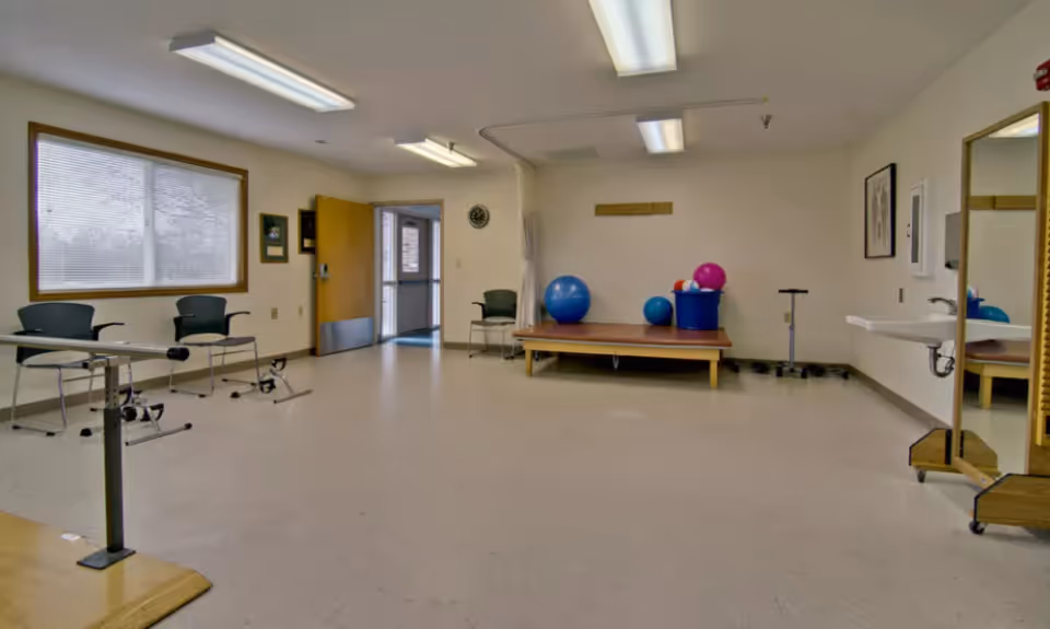 A bright therapy room with exercise equipment including parallel bars, therapy balls on a raised platform, chairs, and a sink.