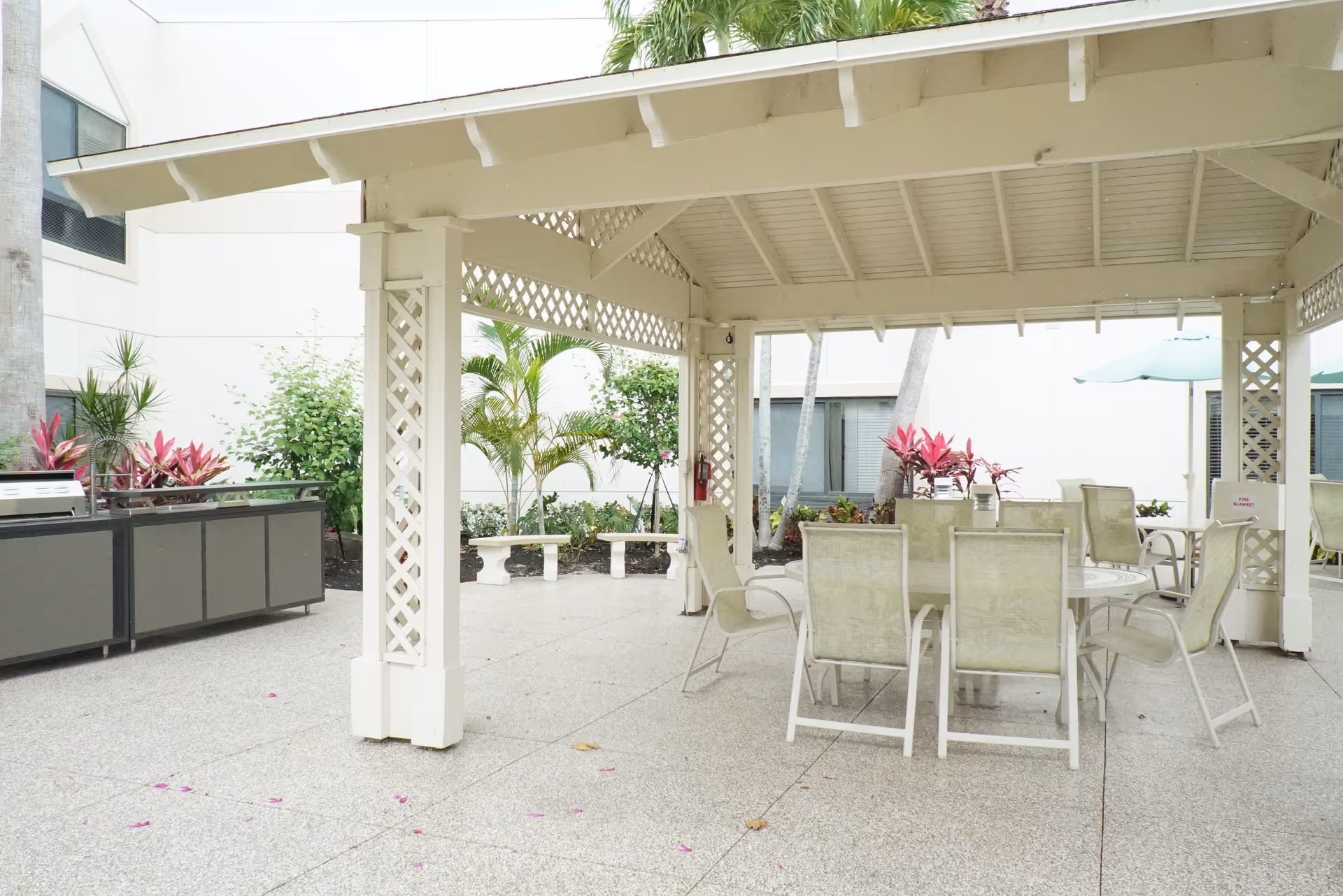 Outdoor covered patio area with a white wooden pergola, several beige chairs around a round table, potted plants, and a barbecue grill on the left side. The area is surrounded by greenery and a white building wall in the background.