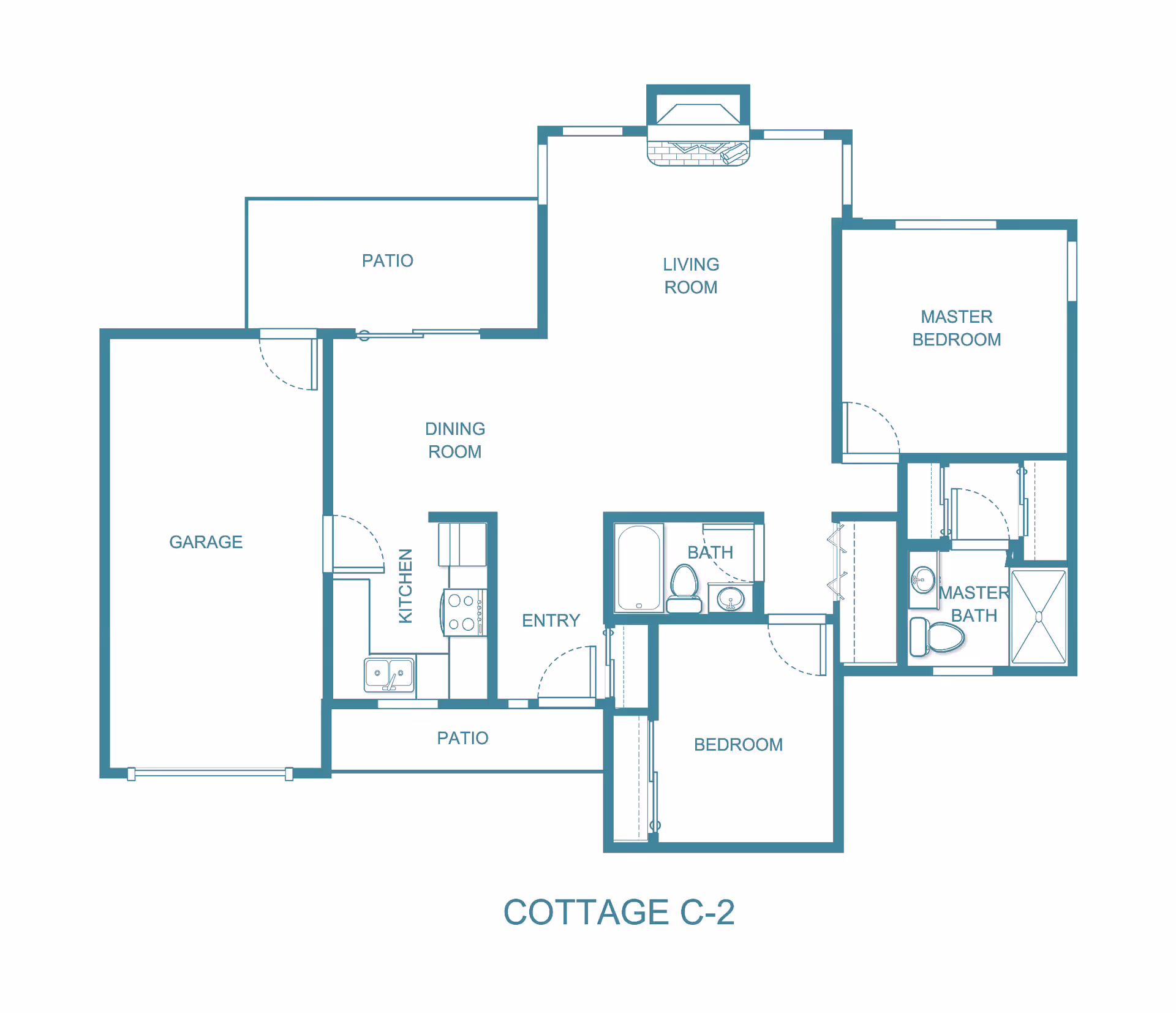 Architectural floor plan of Cottage C-2 at Holiday Aspen View showing layout with garage, kitchen, dining room, living room, master bedroom with master bath, additional bedroom, bath, entry, and two patios.