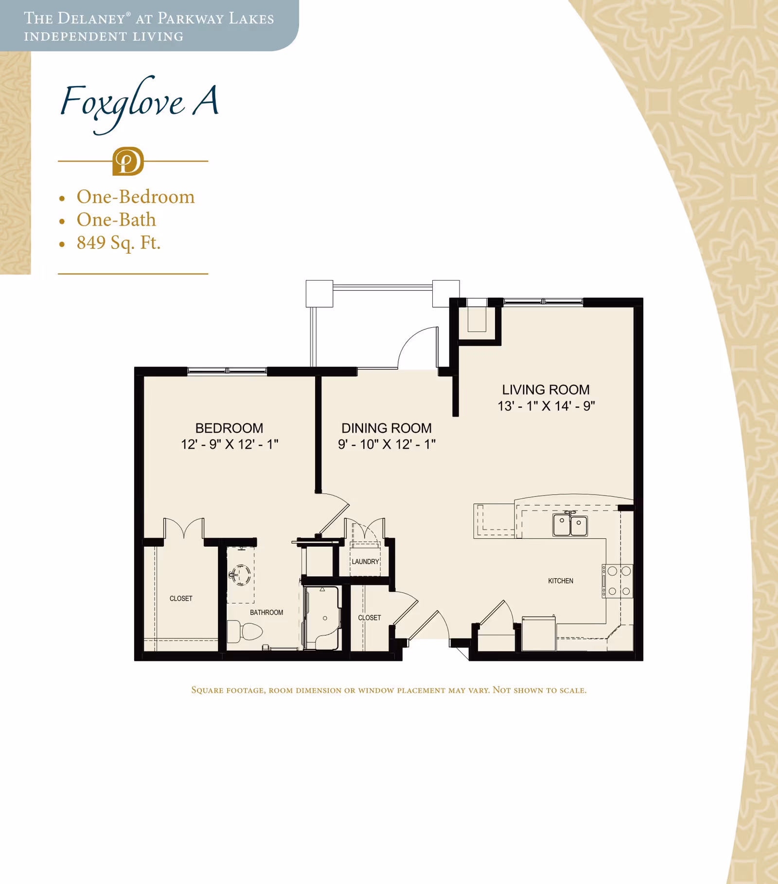 Floor plan of Foxglove A at The Delaney at Parkway Lakes independent living, showing a one-bedroom, one-bath apartment with 849 square feet. The layout includes a bedroom measuring 12 feet 9 inches by 12 feet 1 inch, a dining room measuring 9 feet 10 inches by 12 feet 1 inch, a living room measuring 13 feet 1 inch by 14 feet 9 inches, a kitchen, bathroom, laundry area, and closets.