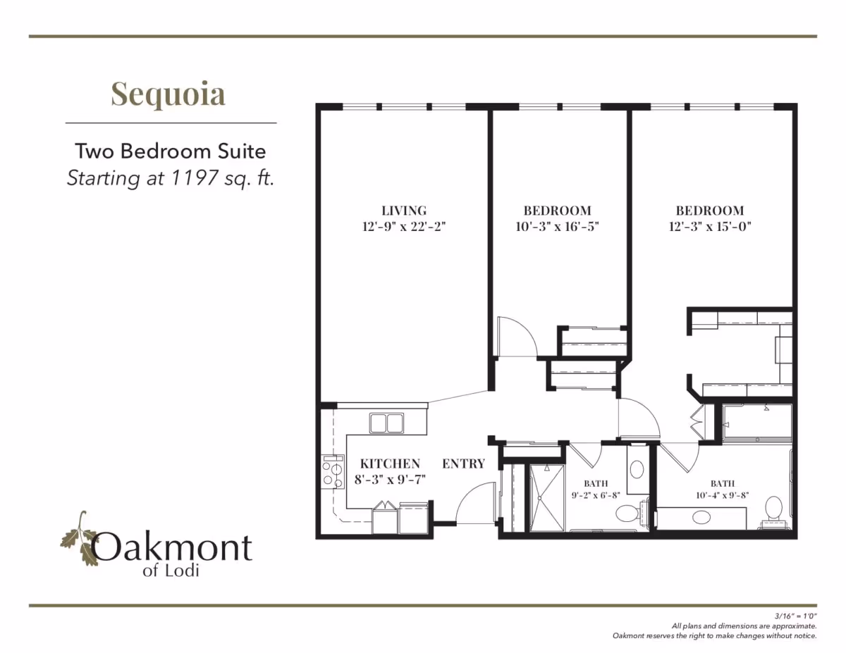 Floor plan titled 'Sequoia' for a two-bedroom suite with labeled rooms and Oakmont of Lodi logo.