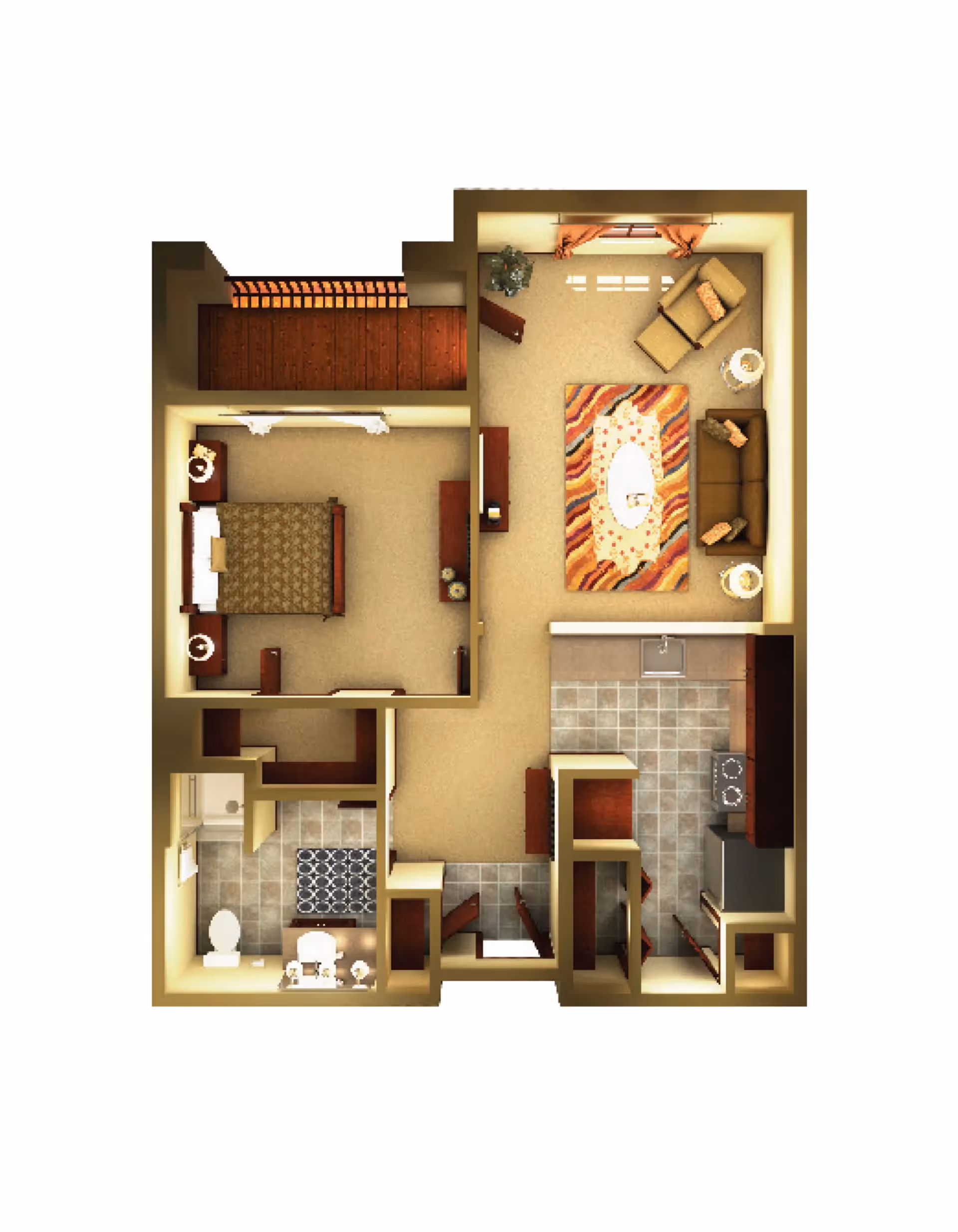 Rendered top-down floor plan of a one-bedroom apartment showing a living room with seating and a rug, adjacent kitchen, bedroom, bathroom, closets, and a balcony.