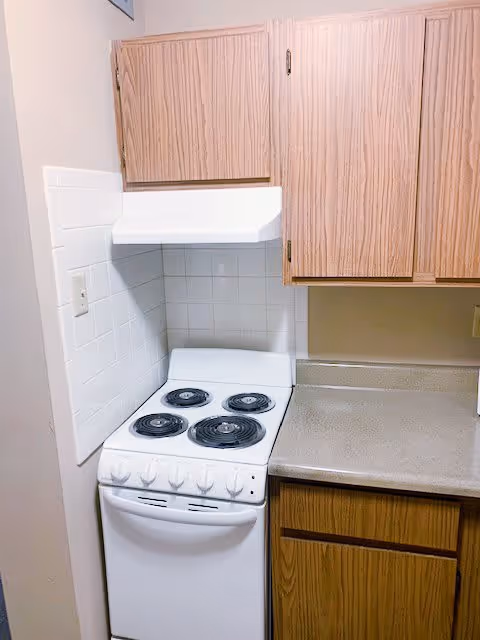 Compact kitchen corner with a small electric stove and range hood next to laminate cabinets and a countertop.