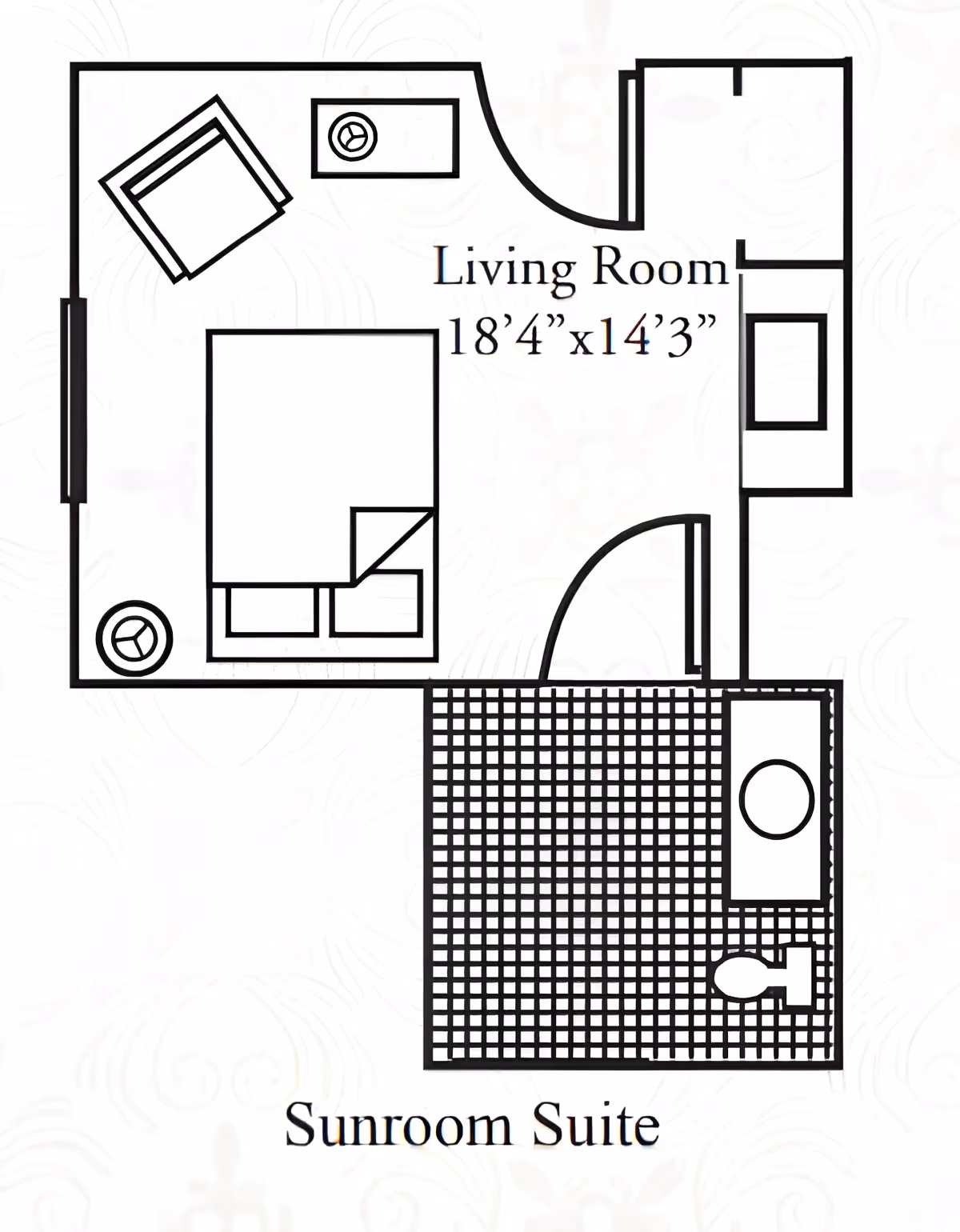 Black-and-white floor plan titled Sunroom Suite showing a living room with furniture (18 feet 4 inches by 14 feet 3 inches) and an attached tiled sunroom with a bathroom.