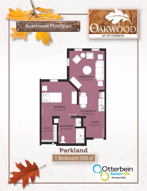 Apartment floor plan for a one-bedroom unit named Parkland at The Oakwood at Otterbein Pemberville. The layout includes a living room, kitchenette, foyer, bedroom, walk-in closet, and bathroom. The total area is 500 square feet. The image has decorative autumn leaves and the facility's logo.