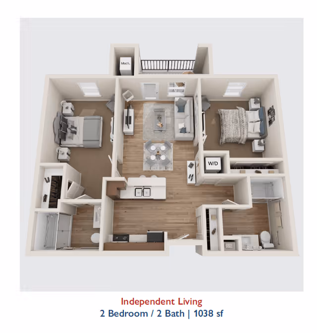 3D floor plan of an independent living apartment featuring 2 bedrooms and 2 bathrooms. The layout includes a living room with a sofa and TV, a dining area with a table and chairs, a kitchen with appliances and a sink, two bedrooms each with a bed and nightstands, two bathrooms, a washer/dryer closet, and a mechanical room. The total area is 1038 square feet.