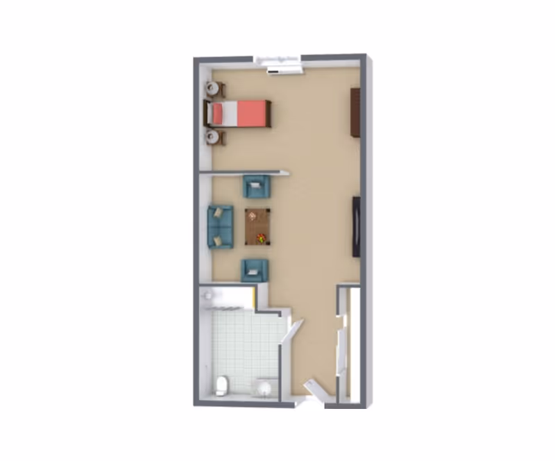 Top-down floor plan of a small assisted living apartment with a bedroom area containing a single bed and two nightstands, a living area with a sofa, two armchairs, and a coffee table, and a bathroom with a toilet, sink, and shower.