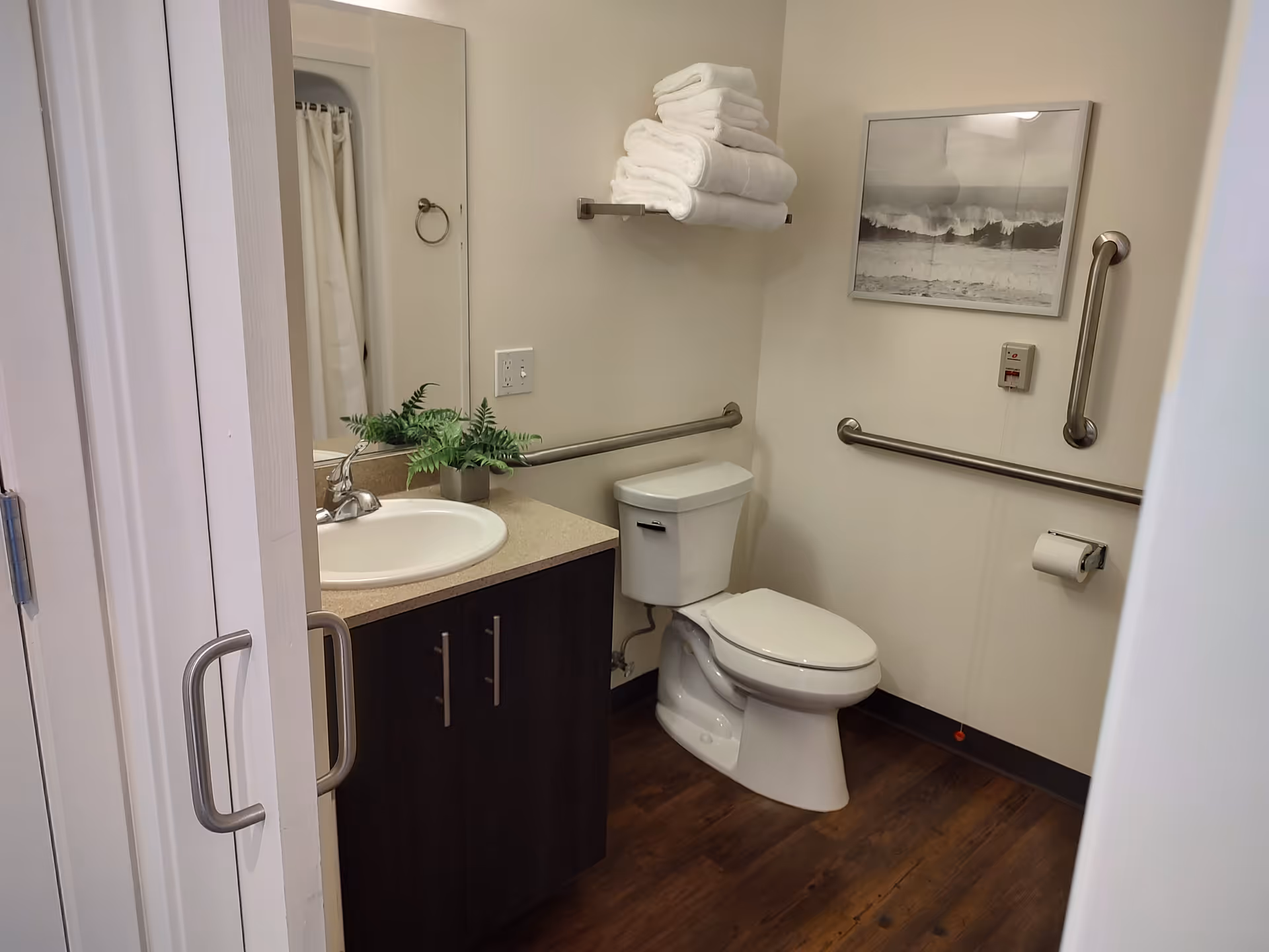 A clean and accessible bathroom with a white toilet, a sink with a countertop and cabinet, a mirror above the sink, a shelf holding neatly folded white towels, grab bars on the walls for support, a small potted plant on the counter, and a framed black and white picture on the wall.