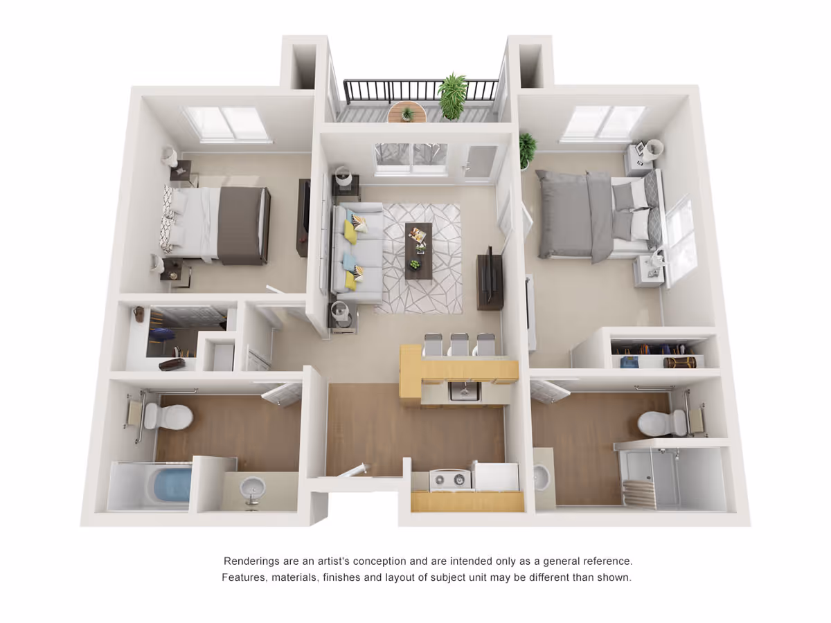 3D floor plan of a two-bedroom apartment featuring two bedrooms each with a bed and nightstands, two bathrooms with a shower and bathtub, a living room with a sofa and TV, a kitchen with a breakfast bar and stools, and a small balcony with a table and plant.