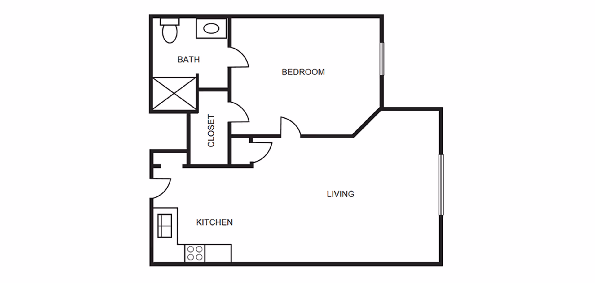 Floor plan layout of a living space showing a kitchen, living room, bedroom, bathroom, and closet.