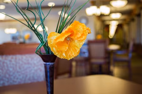 Close-up of a yellow artificial flower in a dark vase on a table with a blurred background showing chairs and warm lighting in a dining area.