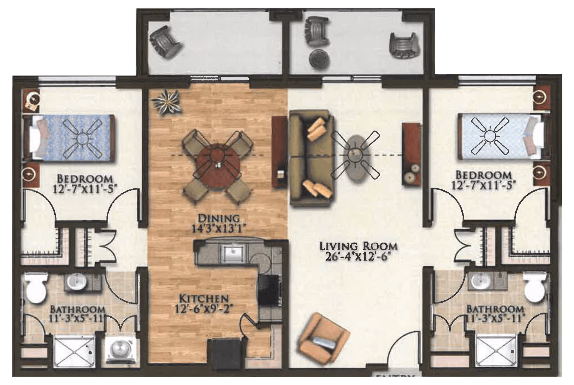 Floor plan of an apartment at Harmony at Oakbrooke showing two bedrooms, two bathrooms, a kitchen, dining area, and living room. Each bedroom measures 12'-7" x 11'-5" and has an adjacent bathroom measuring 11'-3" x 5'-11". The kitchen measures 12'-6" x 9'-2", the dining area is 14'-3" x 13'-1", and the living room is 26'-4" x 12'-6". The layout includes furniture placements and two small balcony areas with chairs.