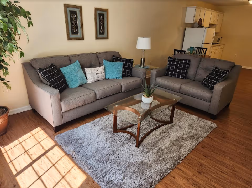 A cozy living room area with two gray sofas adorned with black and turquoise pillows, a glass coffee table with a small plant on a textured gray rug, a side table with a lamp, and a potted plant near a sunlit window. In the background, a small kitchen area with white cabinets, a refrigerator, microwave, and a dining table with chairs is visible.