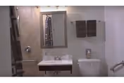 A bathroom with a wall-mounted sink, a mirror above it, a toilet with a tissue box on top, two brown towels hanging on the wall, a shower curtain partially visible on the left, and grab bars installed near the toilet and shower area.
