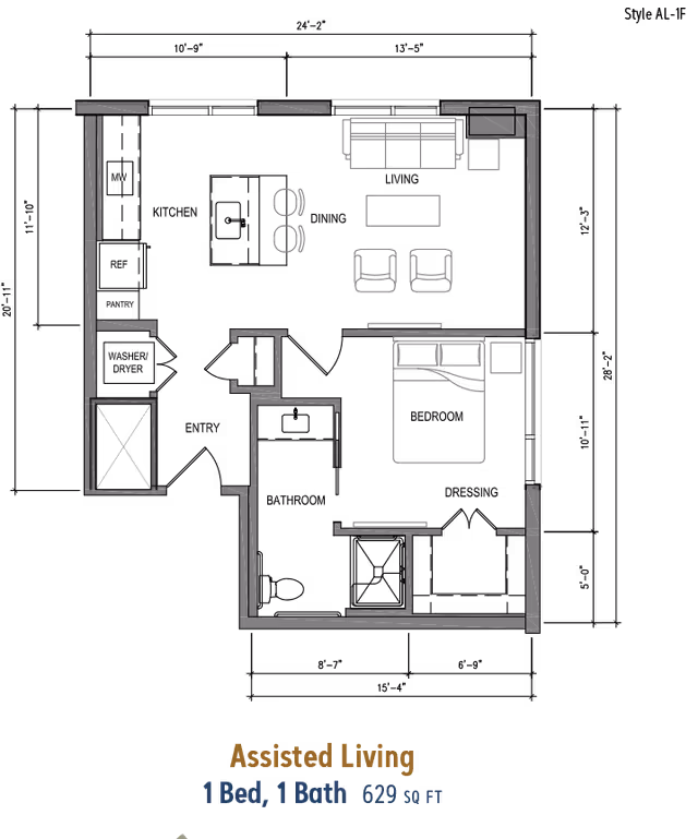 Black-background floor plan drawing of a 1-bedroom, 1-bath assisted living apartment showing furniture layout and text noting 629 sq ft.