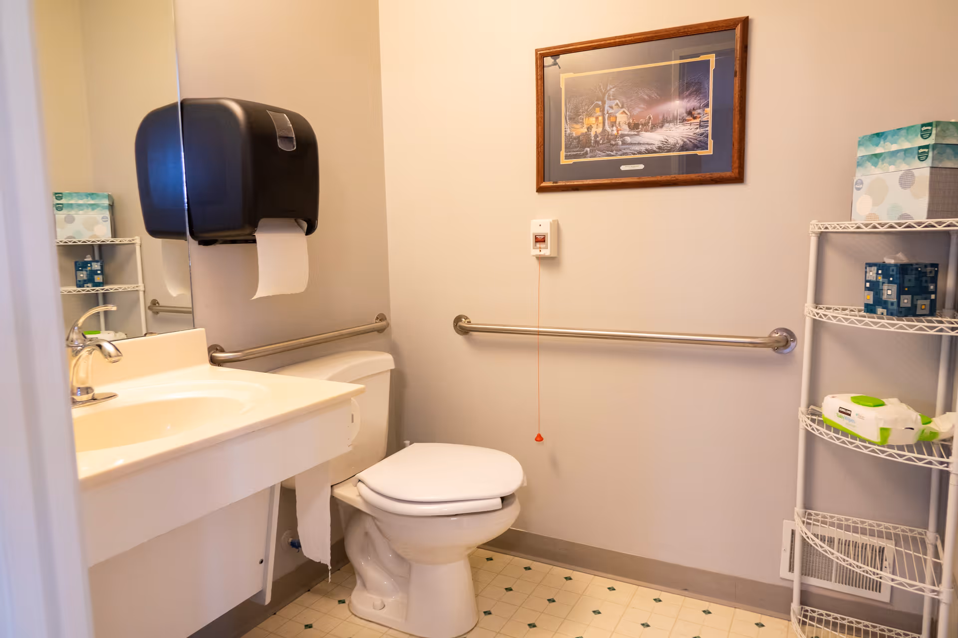 A clean and accessible bathroom featuring a white toilet with a closed lid, a white sink with a silver faucet, a black paper towel dispenser mounted on the wall, and a metal grab bar next to the toilet. There is a framed picture hanging on the wall above the grab bar, a pull cord emergency alarm, and a white wire shelving unit holding tissue boxes and wipes. The floor has a light-colored tile with small green diamond patterns.
