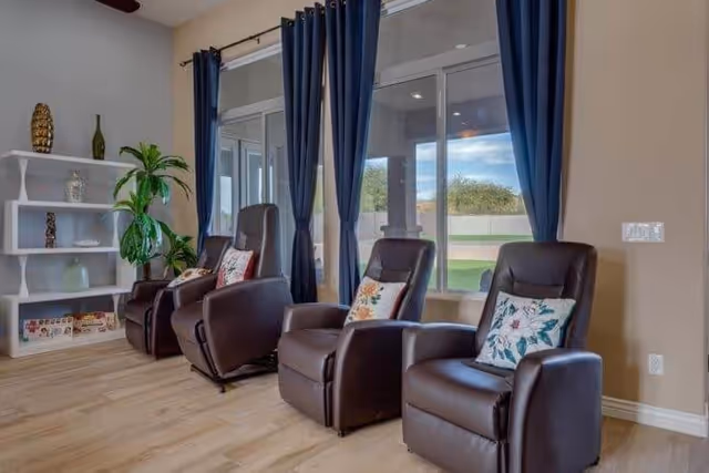 A cozy interior room with three dark brown recliner chairs each adorned with a decorative floral pillow. The chairs are positioned in front of large windows with blue curtains, allowing natural light to brighten the space. To the left, there is a white shelving unit with decorative items and a green potted plant. The room has light wood flooring and beige walls.