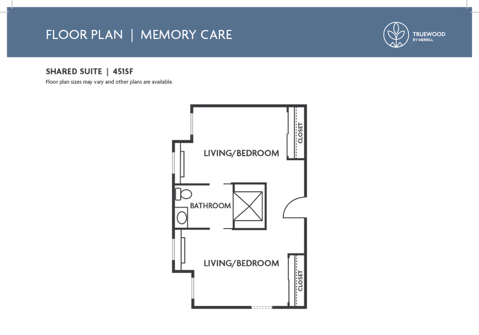 Floor plan for a memory care shared suite at Truewood by Merrill, Clovis, showing two living/bedroom areas, a bathroom, and closets, with a total area of 451 square feet.