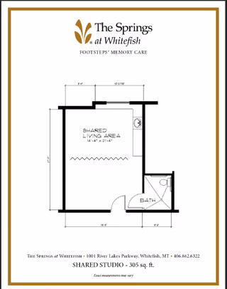 Floor plan of a shared studio apartment at The Springs at Whitefish, showing a shared living area measuring 14 feet 4 inches by 21 feet 4 inches, and a bathroom. The layout includes dimensions and a door placement.