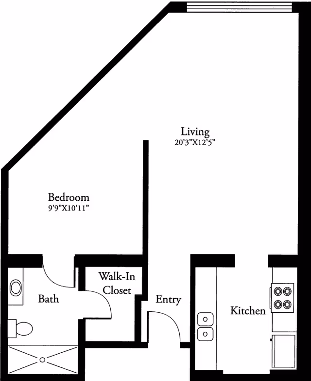 Floor plan of a one-bedroom apartment at Mountain View Retirement Village showing a bedroom, bath, walk-in closet, entry, living room, and kitchen with dimensions.
