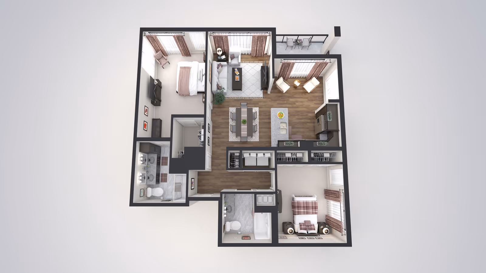 Top-down 3D floor plan of a two-bedroom apartment showing a living room, kitchen with island, two bathrooms and a balcony.