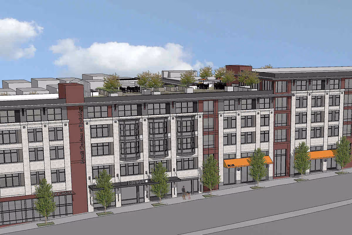 Architectural rendering of a multi-story senior living facility named Merrill Gardens at Rockridge, featuring a modern facade with large windows, trees along the sidewalk, and a rooftop garden area with seating and greenery under a partly cloudy sky.