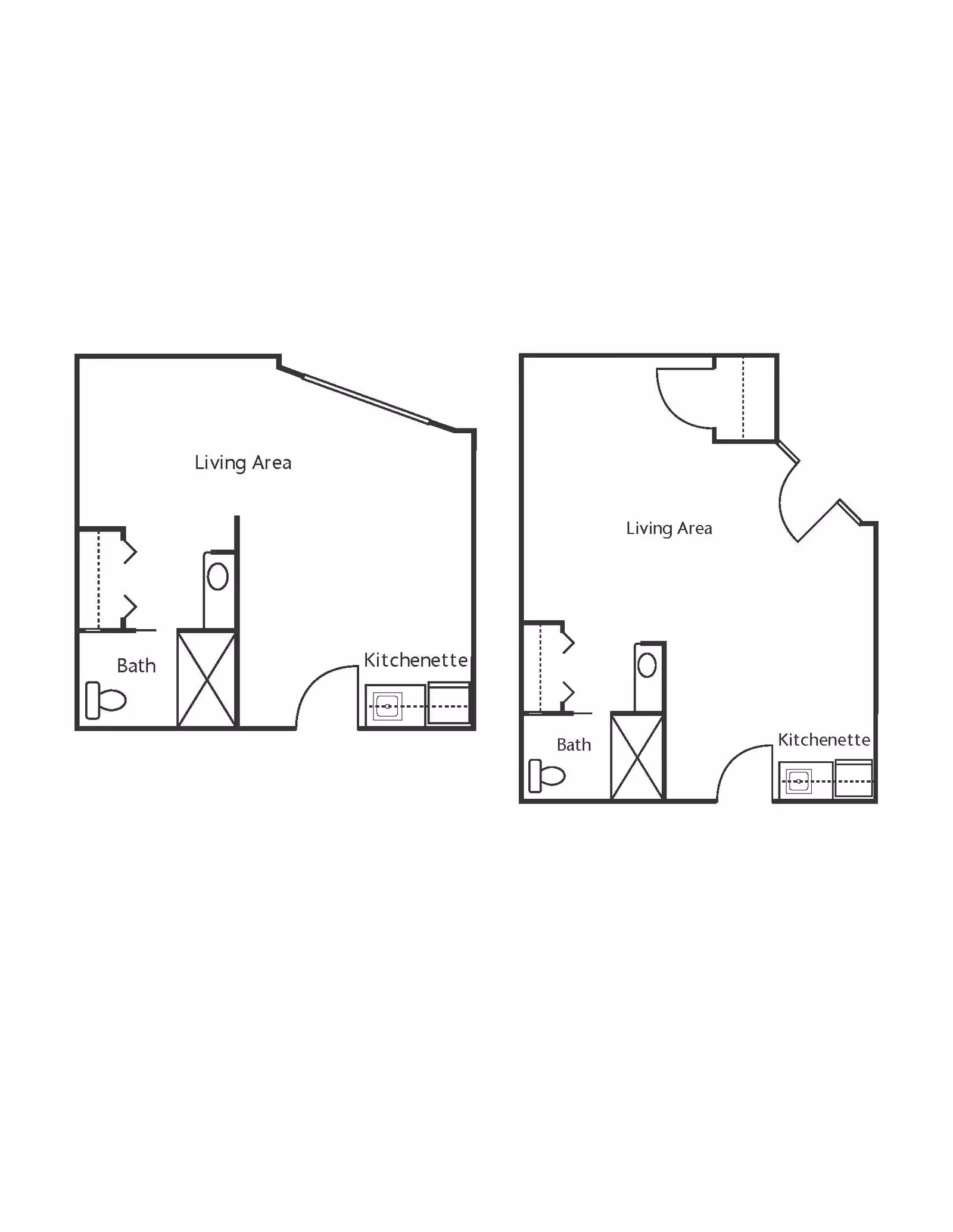 Two architectural floor plans side by side, each showing a living area, kitchenette, and bathroom layout.