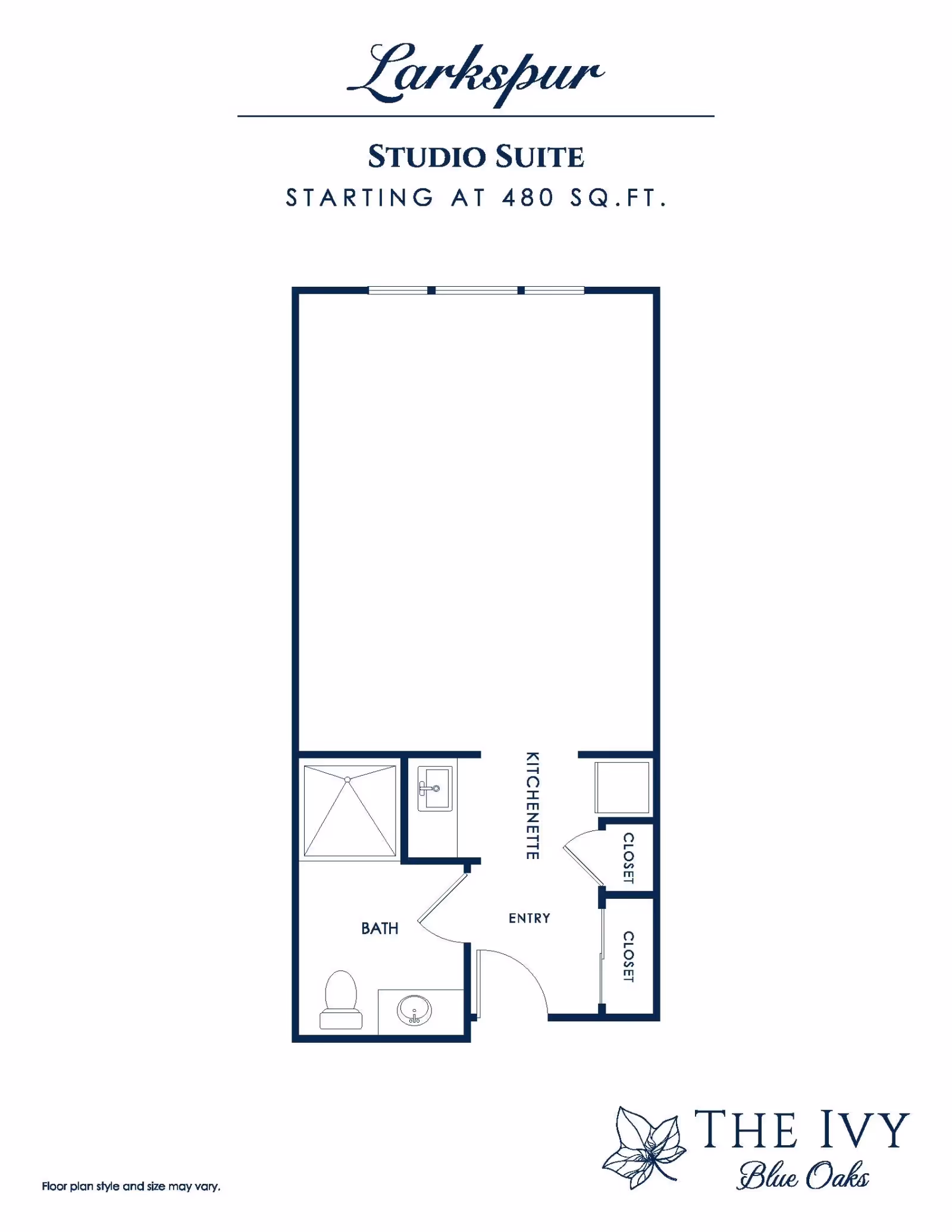 Floor plan of the Larkspur Studio Suite at The Ivy At Blue Oaks, showing a layout starting at 480 square feet with a bath, kitchenette, entry, and two closets.