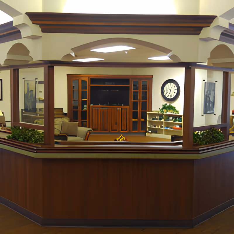 Indoor common lounge area with a wooden reception-style partition opening to a seating area, TV cabinet, wall clock, and plants.