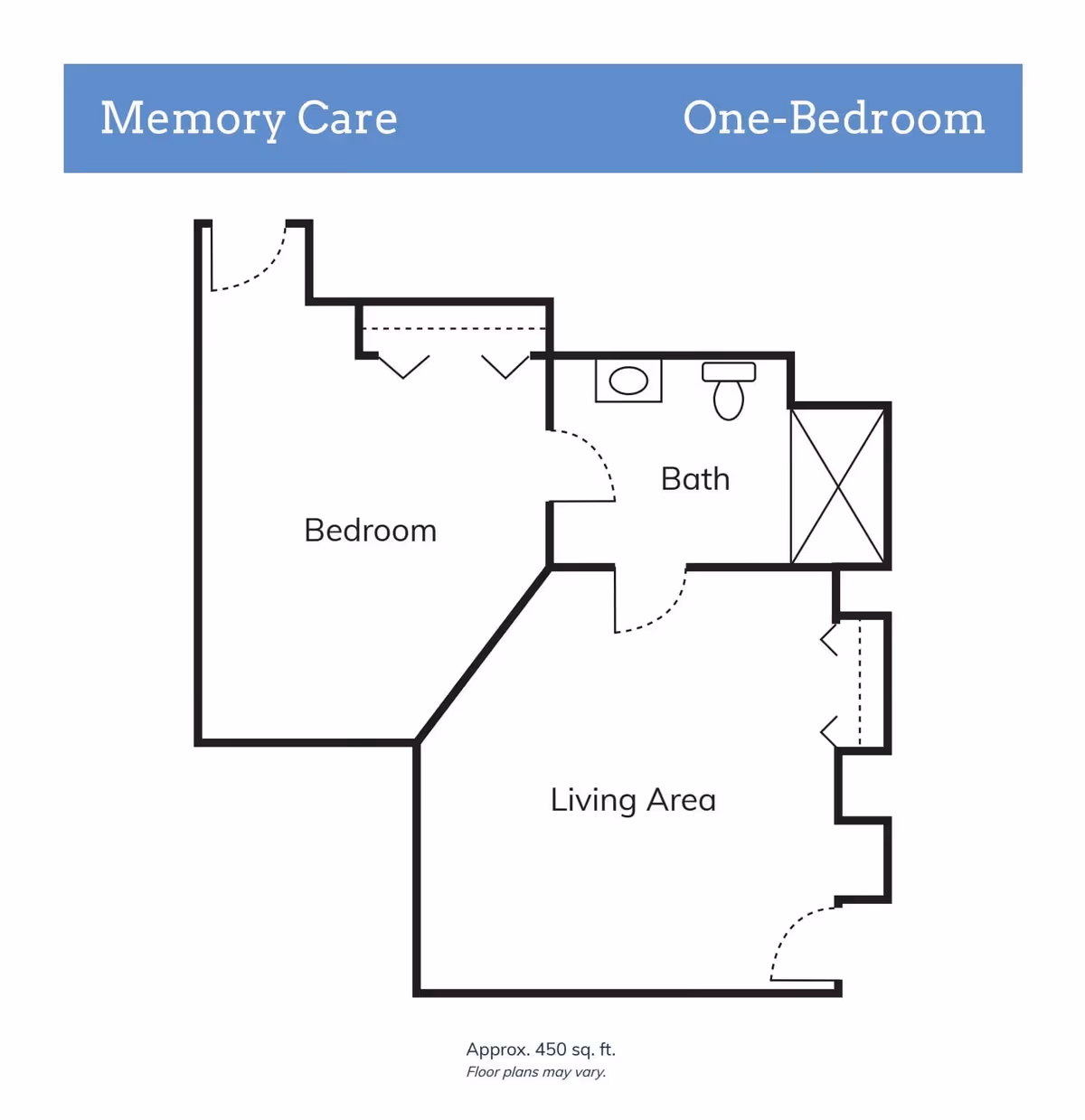 Floor plan layout of a one-bedroom memory care unit showing a bedroom, bath, and living area with approximate size of 450 square feet.
