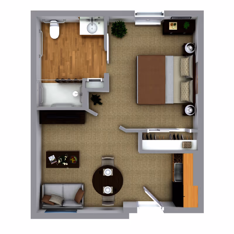 Top-down floor plan of a studio apartment featuring a bedroom area with a double bed and nightstands, a living area with a sofa and coffee table, a dining area with a round table and two chairs, a kitchen with a sink and countertop, a closet with hanging clothes, and a bathroom with a toilet, sink, and shower.
