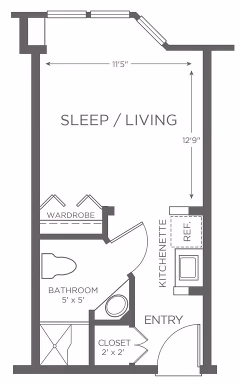 Floor plan of a studio apartment at Emerald Court showing a combined sleep and living area measuring 11 feet 5 inches by 12 feet 9 inches, a bathroom measuring 5 feet by 5 feet, a wardrobe, a closet measuring 2 feet by 2 feet, a kitchenette with a refrigerator, and an entry door.