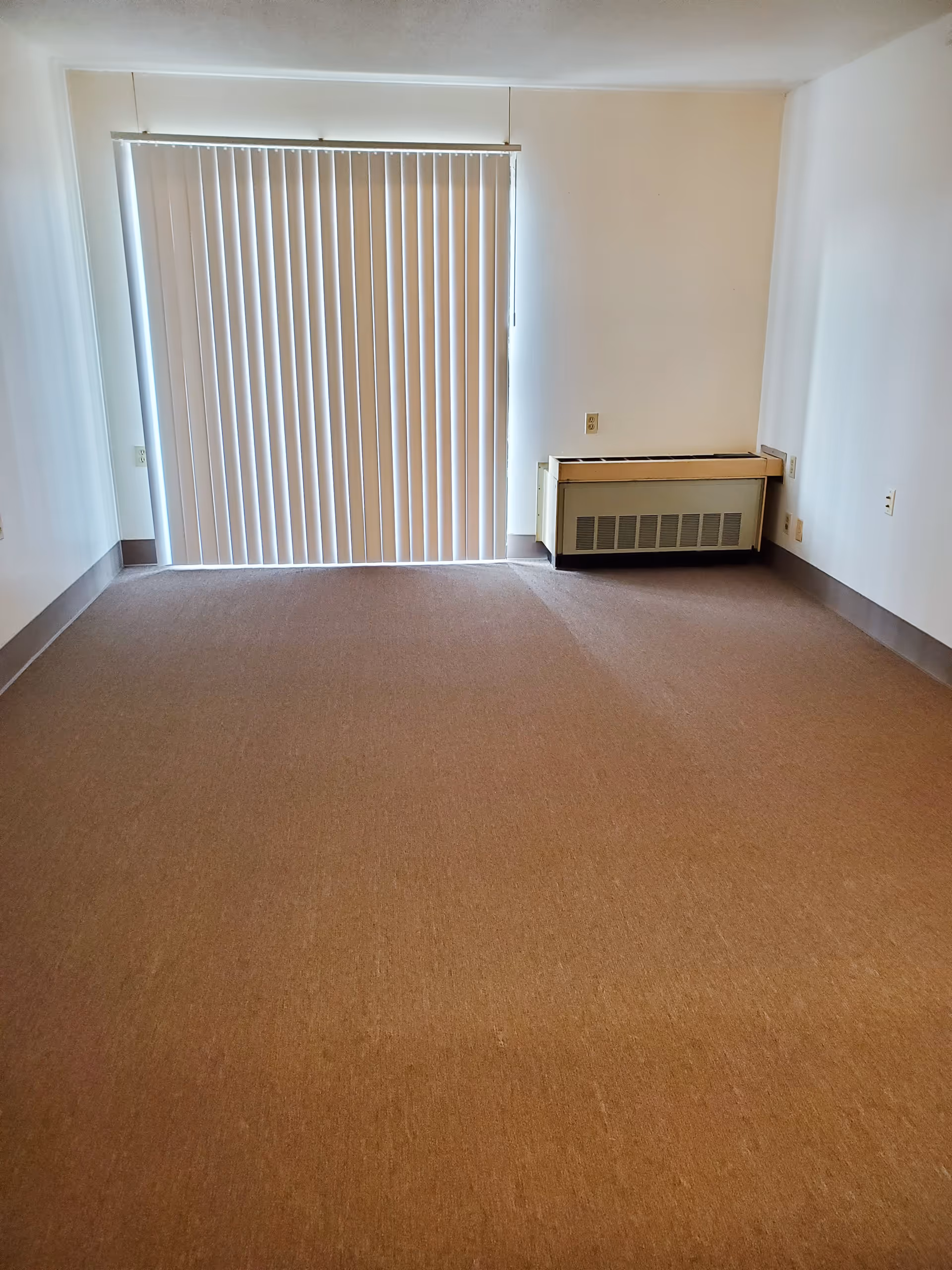 Empty room with beige carpet, vertical blinds covering a sliding door and a wall-mounted heater beneath white walls.