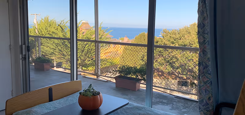 Sunlit room with a bed and small table facing sliding glass doors opening to a balcony with potted plants and an ocean view.