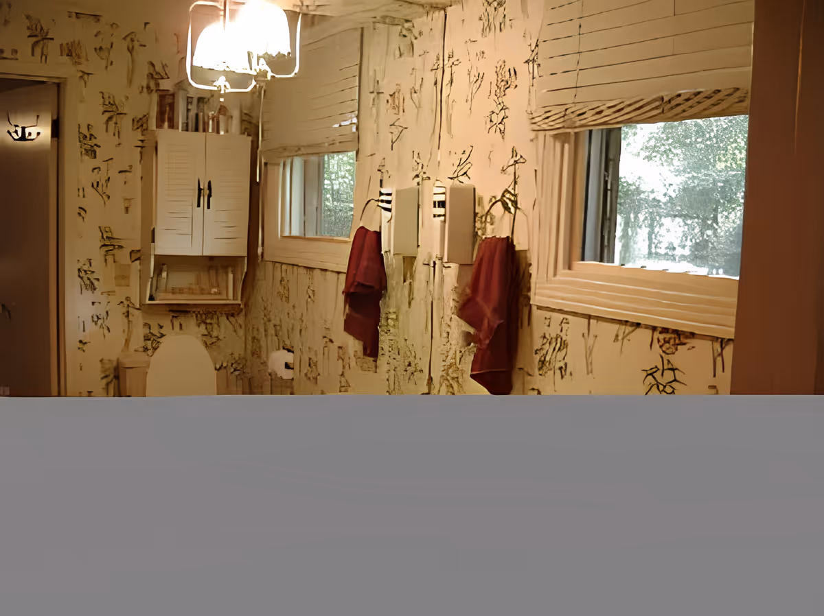 Bathroom with patterned wallpaper, a toilet, wall cabinet, two windows, mirror, and red hand towels.