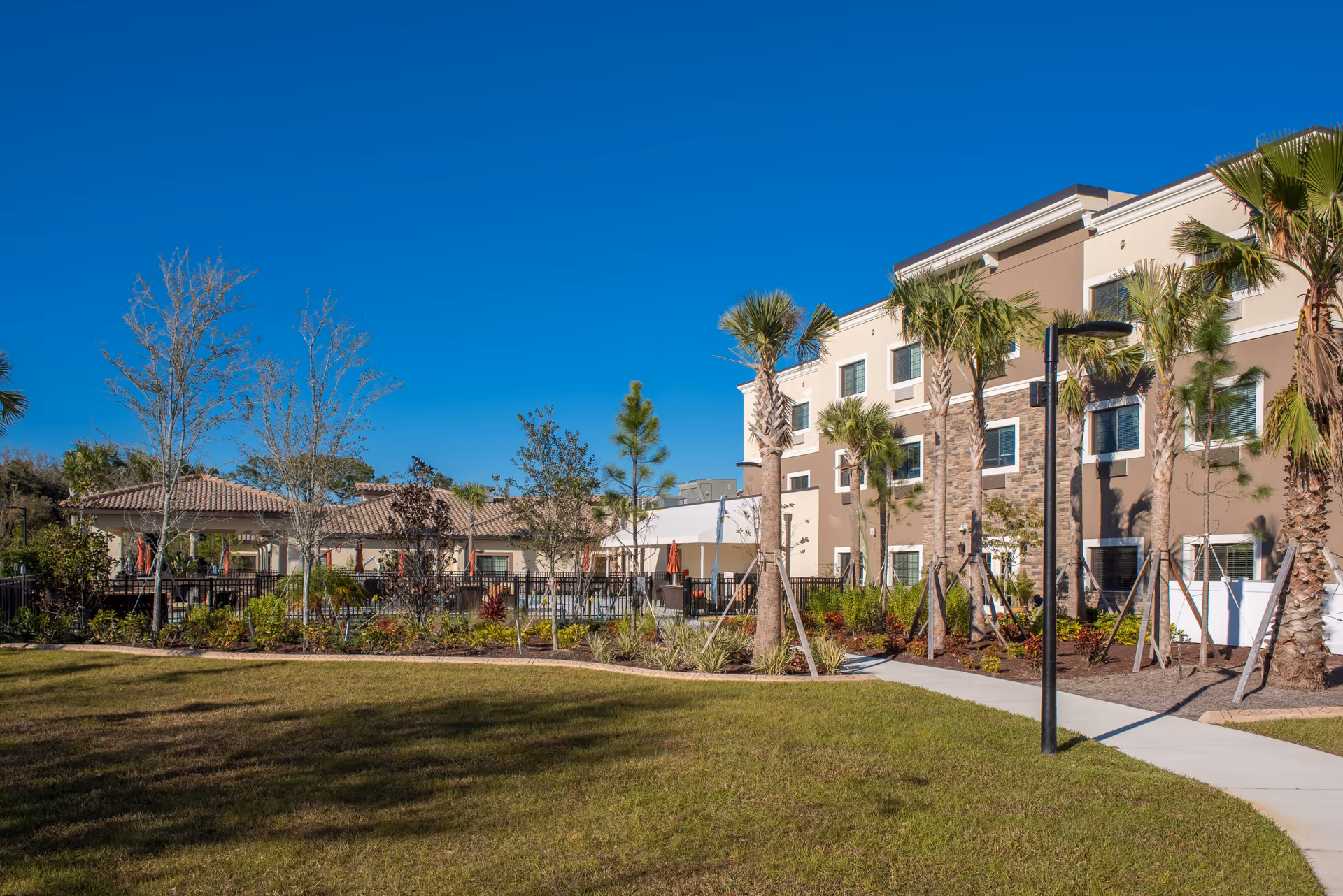 Exterior view of a senior living facility with a well-maintained lawn, palm trees, and a paved walkway leading to a multi-story building under a clear blue sky.