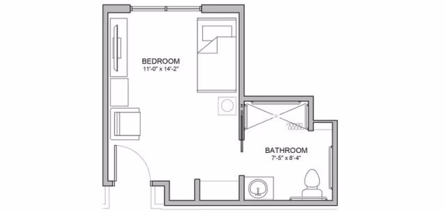 Architectural floor plan showing a bedroom and an attached bathroom. The bedroom measures 11 feet by 14 feet 2 inches and includes a bed, a chair, and a TV. The bathroom measures 7 feet 5 inches by 8 feet 4 inches and includes a shower, toilet, and sink.