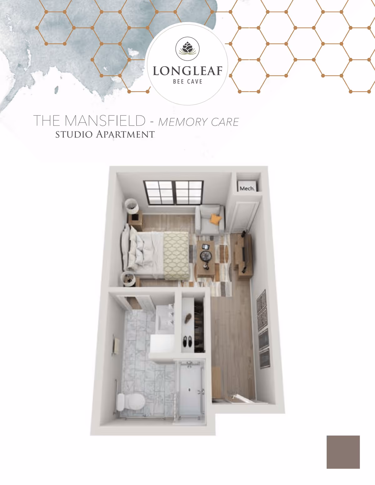 3D floor plan of The Mansfield studio apartment for memory care at Longleaf Bee Cave, showing a combined living and sleeping area with a bed, armchair, coffee table, TV stand, and a bathroom with a toilet, sink, and shower.