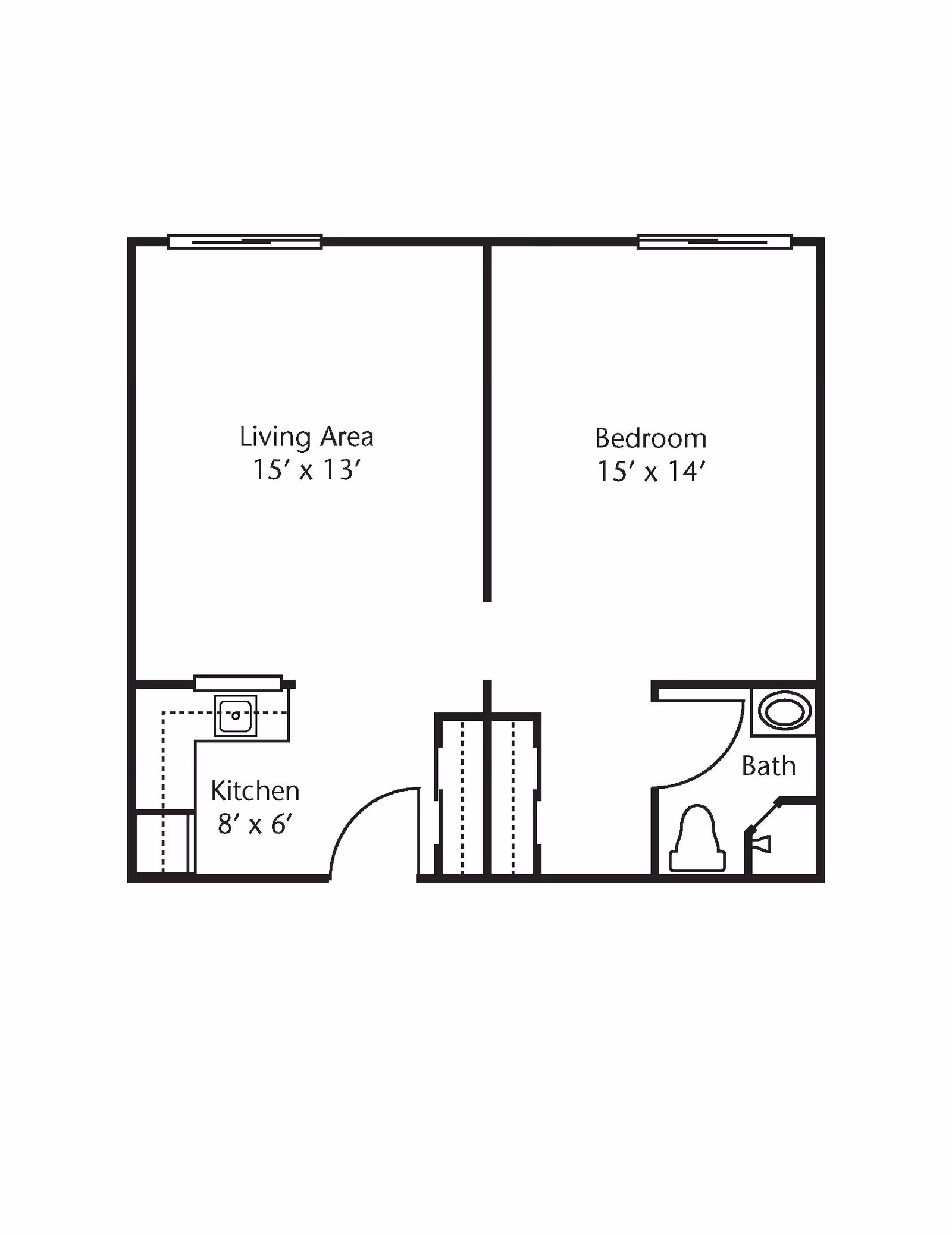 Floor plan of a one-bedroom apartment at Brookdale Cleveland showing a living area measuring 15 by 13 feet, a bedroom measuring 15 by 14 feet, a kitchen measuring 8 by 6 feet, and a bathroom with a toilet and sink.