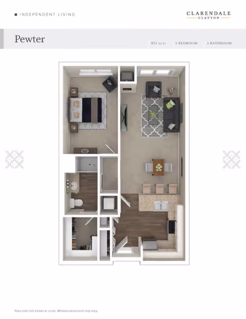 Floor plan of the Pewter independent living apartment at Clarendale Clayton showing a layout with one bedroom, one bathroom, a kitchen with an island and bar seating, a dining area, a living room with seating and a TV, and a bathroom with a shower and toilet.