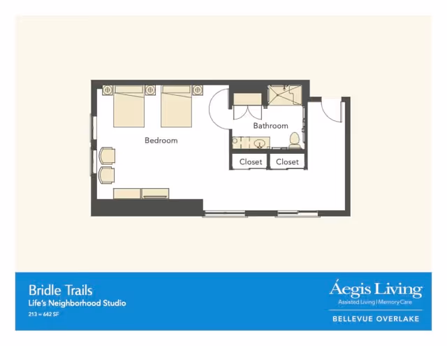 Floor plan of a studio apartment named Bridle Trails at Aegis Living Bellevue Overlake, showing a bedroom area with two beds, two chairs, and a dresser, a bathroom with a shower, sink, and toilet, and two closets.