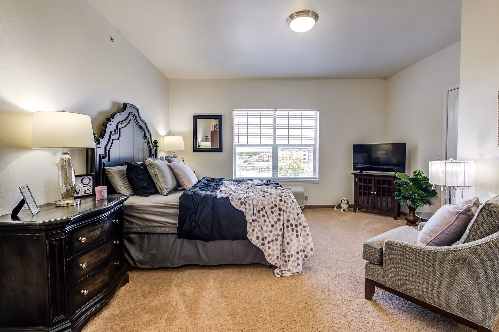 A cozy bedroom with a large dark wooden bed frame, a bed made with multiple pillows and a polka dot blanket. There is a dark wooden nightstand with a lamp, picture frames, and a candle. A window with blinds lets in natural light. Across from the bed is a TV on a wooden stand, a small stuffed dog on the floor, a green plant, and a comfortable armchair with a pillow and a floor lamp beside it. The room has beige carpet and light-colored walls.
