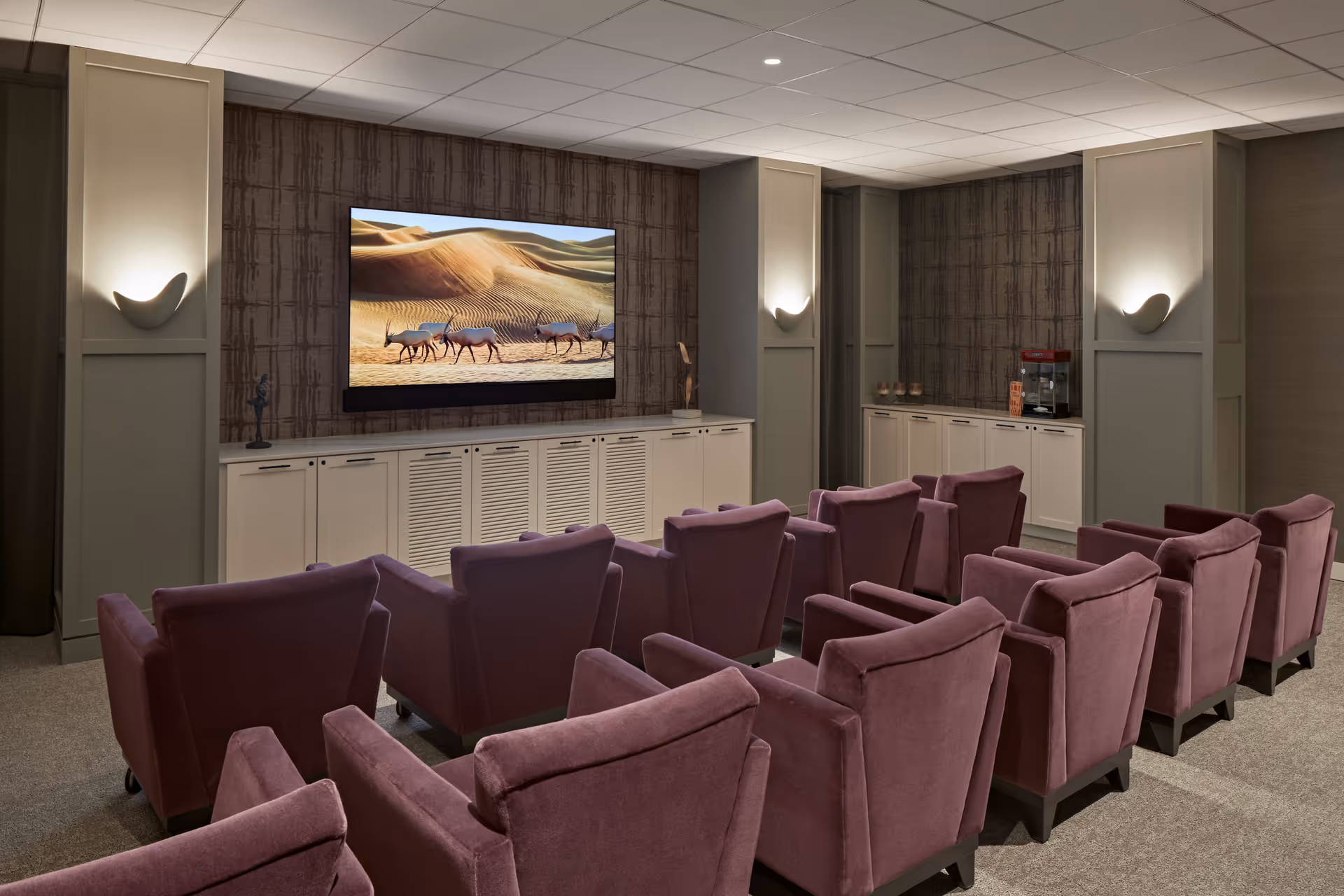 Small theater-style media room with rows of purple upholstered chairs facing a wall-mounted TV and built-in cabinets.