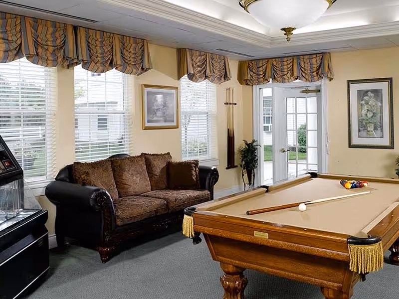 A cozy game room featuring a brown upholstered sofa, a pool table with cues and balls arranged for a game, large windows with striped valances, framed artwork on the walls, and a glass door leading outside.