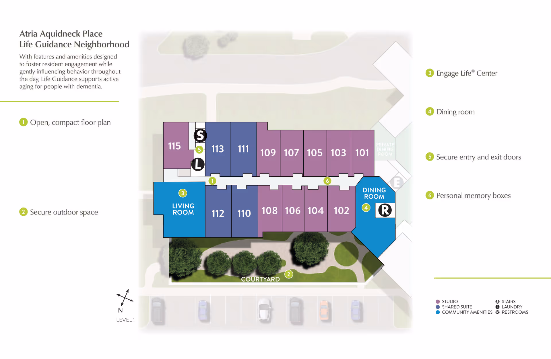 Floor plan of Atria Aquidneck Place Life Guidance Neighborhood showing an open, compact layout with labeled rooms including studios, shared suites, community amenities such as a living room and dining room, secure outdoor courtyard space, stairs, laundry, and restrooms. The plan highlights features like secure entry and exit doors, personal memory boxes, and an Engage Life Center.