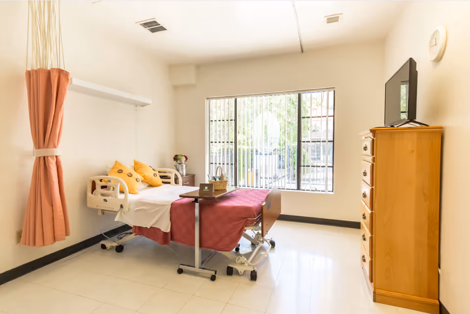 A bright patient bedroom with a hospital-style bed, pink privacy curtain, wooden dresser with TV, and a large window with vertical blinds.