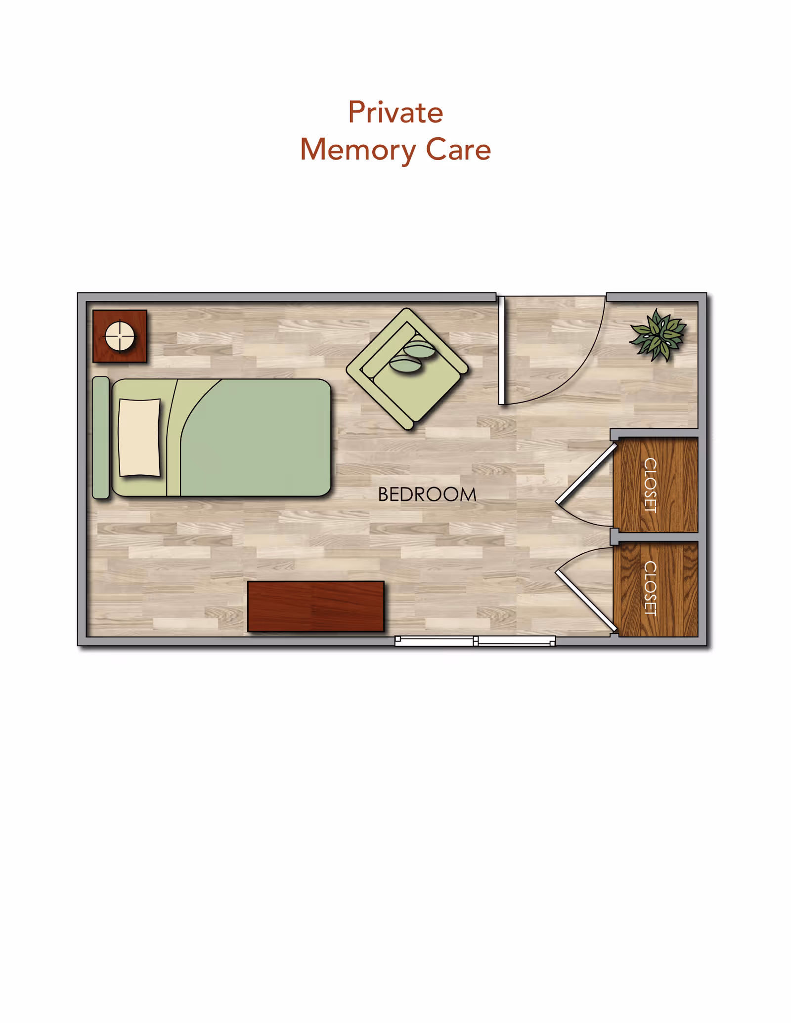 Floor plan of a private memory care bedroom showing a bed with a pillow and blanket, a small armchair with a cushion, two closets, a small table, and a plant near the entrance.