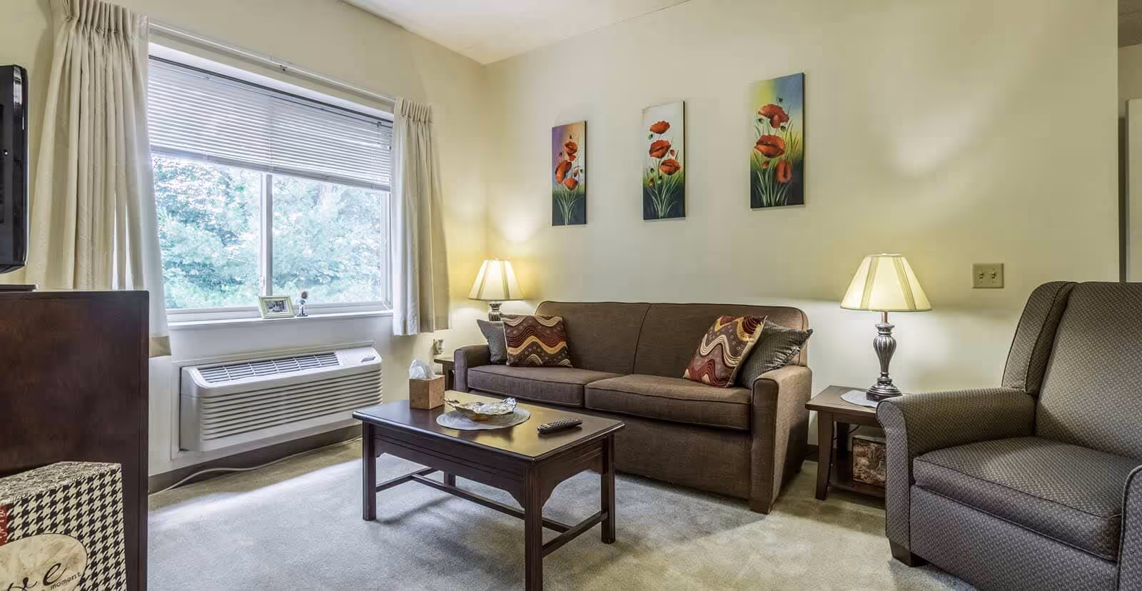 A cozy living room with a brown sofa adorned with patterned cushions, a dark wooden coffee table with a tissue box and remote control, a gray armchair, two table lamps on either side of the sofa, three floral paintings on the wall, and a large window with white curtains and blinds showing greenery outside.
