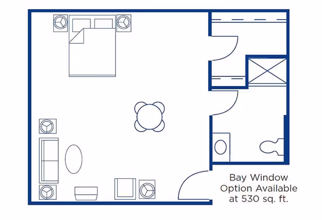 Floor plan of a senior living unit showing a bedroom area with a bed and nightstands, a living area with a sofa, coffee table, and chairs, a bathroom with a toilet and sink, and a closet. The plan notes a bay window option available at 530 square feet.