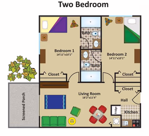Floor plan of a two-bedroom apartment featuring Bedroom 1 and Bedroom 2 each measuring 14'11" x 10'1" with closets, two bathrooms located between the bedrooms, a living room measuring 18'2" x 11'4" with seating and a dining table, a kitchen with a fridge and stove, a hall with additional closets, and a screened porch with plants outside.